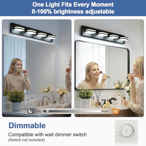 Image of Torondo 360 Rotate LED Bathroom Vanity Light Fixtures, Acrylic Vanity Lights for Bathroom, Modern Wall Lighting Fixtures Over Mirror Living, Matte Black, 100%-0% Natural White, 4-Light, 27-Inch