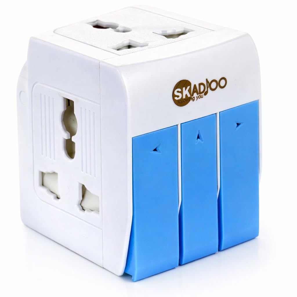 SKADIOO Universal Charger Adapter 250V | 2 Years Warranty, 3-in-1 | Universal Travel Adapter All in One, Multi Plug Adapter, Individual Switch and Fuse Protected (White, Blue)-image-22