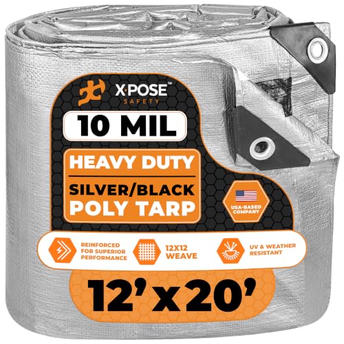 Image of Heavy Duty Poly Tarp - 12' x 20' - 10 Mil Thick Waterproof, UV Blocking Protective Cover - Reversible Silver and Black - Laminated Coating - Grommets - by Xpose Safety