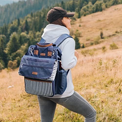 Zaino da picnic grande capacità 4 piatti scomparto termico 22,9 cm manico legno posate coperta impermeabile blu navy