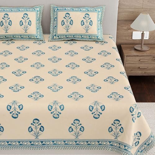 Image of Living Roots Ethnic Jaipur Block Print Double Cotton Bedsheet & 2 Pillow Covers, for Mattress Upto 6 inches Thick, No Colour Bleeding, Blue Colour, King Size 90 * 108 inches, 120TC (611-B)