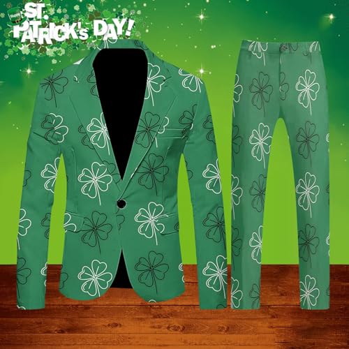 St Patricks Day Suits for Men 2 Piece Set Green Shamrock Print One Button Suit Business Jackets Pants Wedding Party4