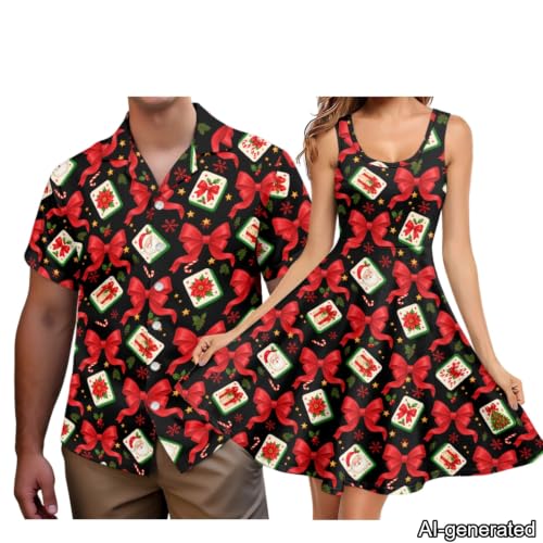 Image of Dreaweet Summer Dresses for Women A-Line Sleeveless Flowy Sun Dresses,Men's Casual Button-Down Shirts,Couple Matching Outfits