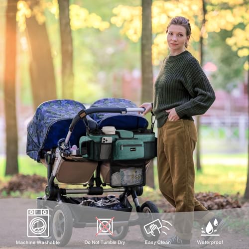 Image of TOPDesign Universal Baby Stroller Organizer, Double Stroller Caddy with Detachable Mesh Bag & Heightened Insulated Cup Holders & Non-Slip Secure Hooks Accessories, Fits Most Strollers (Green)