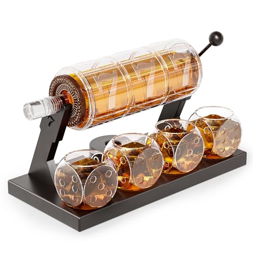 Kollea Juego de decantador de whisky de ranura para hombres, juego de decantador de whisky de 50 onzas con 4 vasos, decantador estilo casino para bourbon, regalos para hombres, papá, él, novio,
