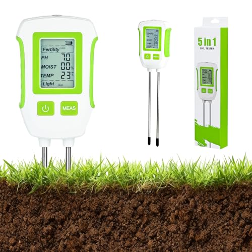 PATEMZON Medidor de Suelo, Medidor de pH Tierra 5 en 1, Medidor Humedad Plantas Suelo para Fertilidad/PH/Humedad/Temperatura/Luz con Pantalla LCD Retroiluminada para Jardinería Agricultura
