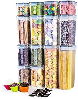 Airtight Food Storage Containers with Lids, Clear Pantry Canister Set for Kitchen Organization, Stackable Organizers for Flour, Sugar, Cereal, Rice, BPA Free Plastic 14-Pack with Different Sizes Dark Gray