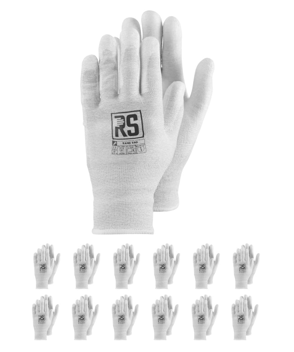 RS RAND ESD/Montage-Handschuhe Schnittschutz/Größe 06, 12 Paar/Weiß Grau/Montagehandschuhe/Electrostatic Schnittfeste Handschuhe Arbeitshandschuhe/Equipped with Carbon Fiber
