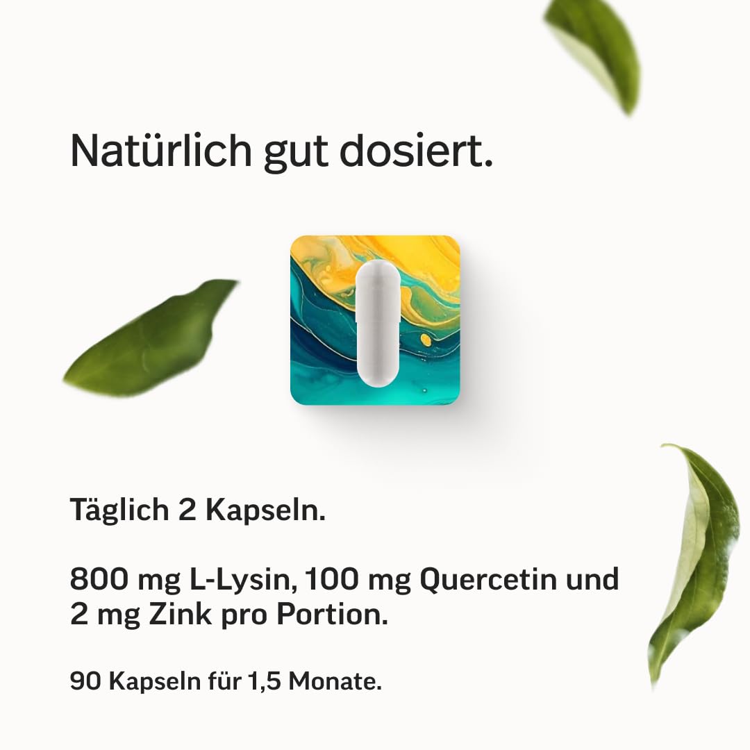 edubily® Lysin Komplex – 400 mg L-Lysin + 50 mg Quercetin + 1 mg Zink pro Kapsel – vegan, Made in Germany, ohne Zusatzstoffe – 90 Kapseln