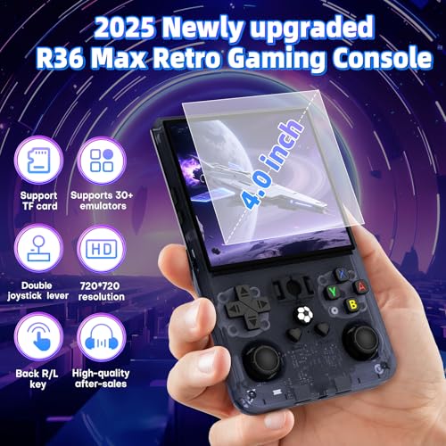 Image of R36MAX Retro Handheld Game Console, 4.0 inch RetroGaming Console with 64GB Memory, Portable Retro Videogames Console, 4000mAh Battery, Support 30+Emulators, Transparent Gray