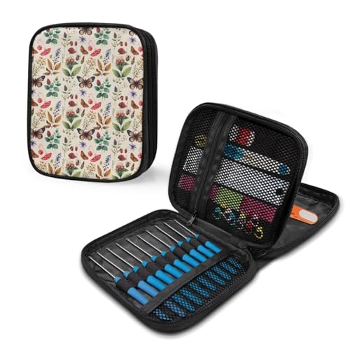 Image of Crochet Hook Case Butterfly Floral Crochet Hook Holder Portable Crochet Hook Storage Bag with Web Pockets Suitable for Crochet Needles /Knitting Accessories