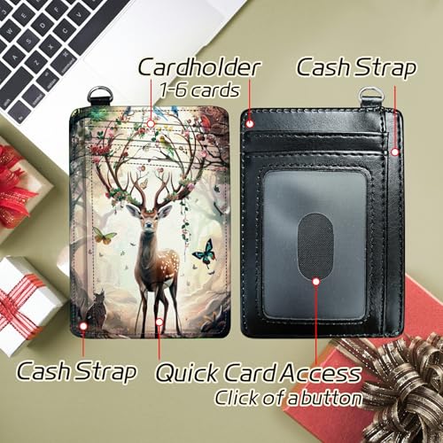 Image of Small Travel Wallets, Decorative Deer Butterfly Slim Minimalist Front Pocket Wallet with Wristlet, RFID Blocking PU Leather Credit Card Holder with ID Window Change Purse for Men Women