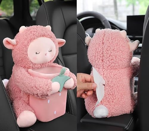 Fegson車 ゴミ箱 カー用品 車内 ティッシュケース 収納ボックス 車 シートバックポケット 車 アクセサリー 車載用2in1ゴミ箱 PP製 ぬいぐるみのようなかわいいアニメのフィギュア 車 フリップトップアームレストボックスに最適 (L)