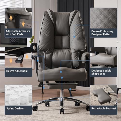 Big and Tall Office Chair 400lbs Wide Seat, Leather High Back Executive Office Chair with Foot Rest, Ergonomic Chairs Lumbar Support for Lower Back Pain Relief (Grey)