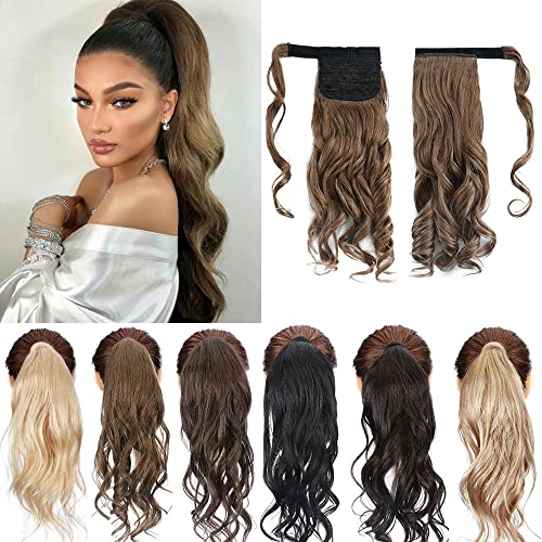 SEGO Ponytail Hair Extension 100% Real Human Hair Pony Tails Wrap Around Clip in Ponytail Hair Curly Wave Ponytail Hair Pieces with Magic Paste for Women #6 Light Brown 18 Inch