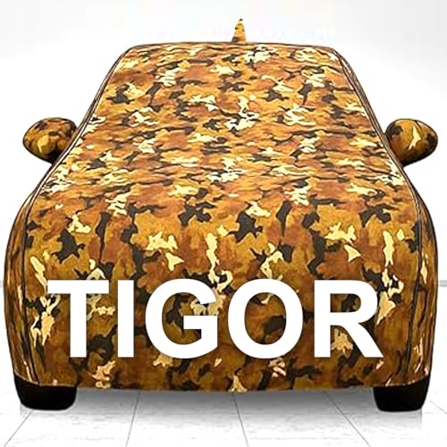Image of Waterproof Car Body Cover for Tata Tigor with Mirror and Antenna Pocket, Soft Cotton Lining, Triple Stitched (Heat Resistant Metallic- Jungle