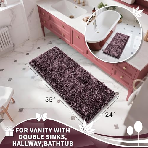 Image of Yimobra Long Bathroom Rugs Runner 55x24 Inch, Extra Thick Soft Absorbent Chenille Bath Mat, Non Slip Machine Washable, Quick Dry Bath Rugs for Bathroom Floor, Tub and Shower, Purple Grey