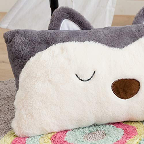 Image of Snugtown Stuffed Animal Lumbar Pillow, Super Soft Plush Cuddle Throw Pillow for Kids, Cute Fox Shaped Pillow, 12 x 24 Inches, Grey, Ivory