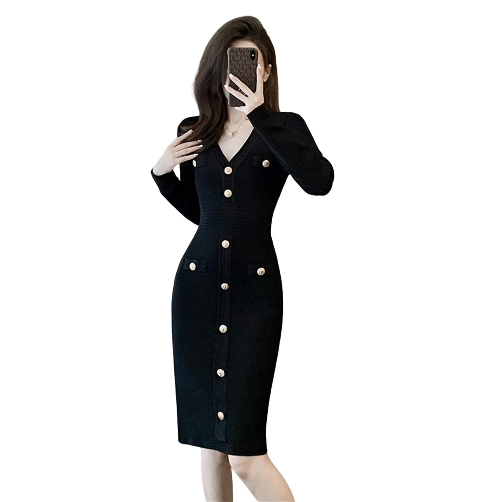 Vestito Donna Autunno Abito Autunnale da Donna in Maglia con Scollo A V, Gonna Aderente sui Fianchi, Gonna Maglione A Vita Alta con Bottoni-Nero-m