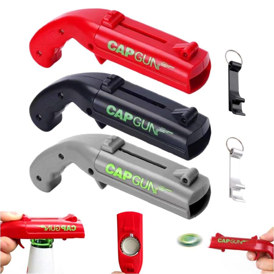 Cap Gun flesopener, grappig, kroonkurkpistool als cadeau, flesopener, pistool, geschikt voor thuisgebruik van mannen, bar, barbecue, feestspelletjes, kerstcadeaus (grijs + rood + zwart)