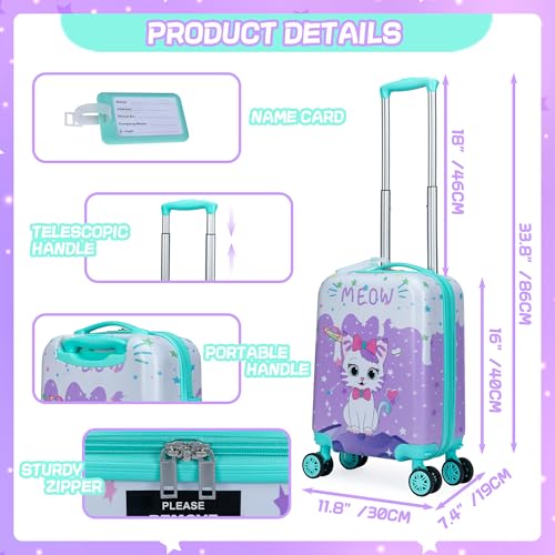 Cute Cat Kid’s Luggage Set 5 Piece Suitcase Set 16’’ Hardside Luggage with Spinner Wheels Girls Boys Carry on Toddler Luggage Travel Rolling Luggage Carry on Luggage Airline Approved - Image 3