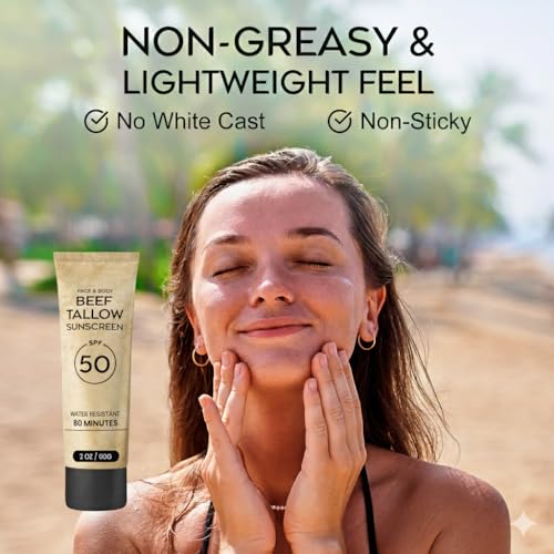 Image of Beef Tallow Sunscreen SPF 50: Face Sunscreen with Zinc Oxide Sunblock, Hypoallergenic Non-Greasy Fragrance-Free Formula All Skin Types Women and Men 2 OZ