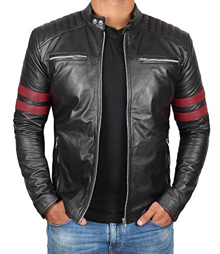 Blingsoul Black Leather Motorcycle Jacket Men with Red Stripes | [1101476] Red Strip 2 Side Zip - 2XL