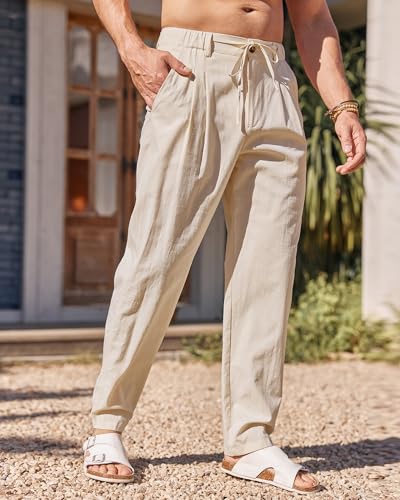Beotyshow Mens Linen Pants Elastic Waist Drawstring Casual Pants Relaxed Fit Summer Beach Yoga Lightweight Pants3