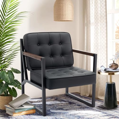 COLAMY Mid Century Modern ohrensessel, Bequeme Lounge Sessel, Leder Accent Chair, Kunstleder Empfangssessel mit Metallbeinen für Wohnzimmer Schlafzimmer Empfangsraum Wartezimmer, Schwarz