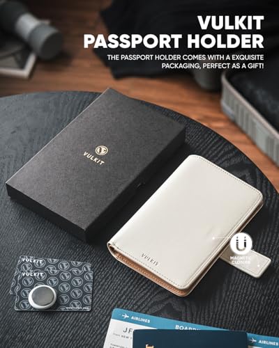 Image of VULKIT Passport Wallet Compatible with Airtag Holder RFID Blocking Bifold Travel Card Holder, Beige Brown, 6.9x4.3x0.9 inches, Minimalist