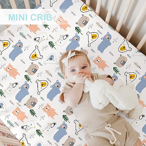 Image of Bimocosy Pack and Play Sheets Fitted 4 Pack, 38 x 26 Inch Pack n Play Mini Crib Sheets for Boys and Girls, Soft Stretchy Playard Mattress Sheets for Graco Pack n Play, Forest Cubs