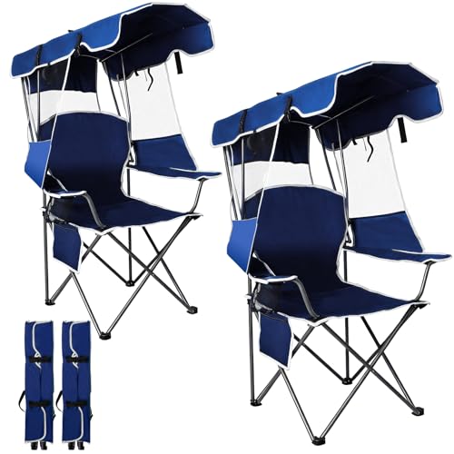 Romswi Folding Canopy Beach Camping Chairs for Adult 2 Pack Portable Outdoor Chairs with Sunshade Cup Holder & Side Pocket for Camping Fishing Beach Backyard Navy