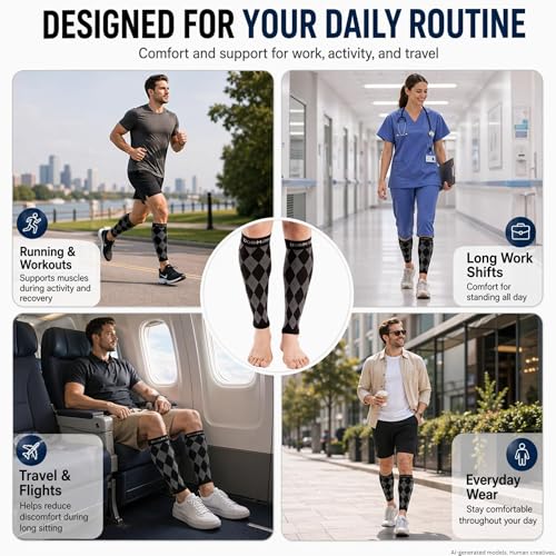 Image of Doc Miller Calf Compression Sleeves 20-30 mmHg for Men & Women, Argyle | Footless Compression Socks, Circulation Support, Pain Relief, Shin Splints, Varicose Veins, Running, Nurses, Travel, 1 Pair