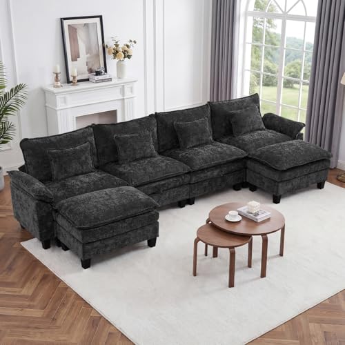 Image of IPKIG 151 inch Modular Cloud Couch with Storage, U Shaped Sectional Sofa | 4 Seater Black Chenille Deep Seat Sectional Couches with Ottoman and Pillow for Living Room, Apartment