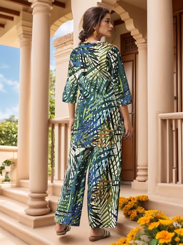 Nainvish Women's Blue & Green Printed Straight Rayon Blend Notch Neck Co-Ord Set (Sd724_Kb-S_Blue & Green)