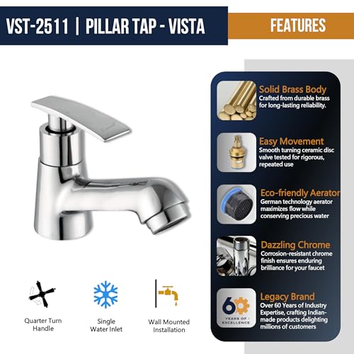 Image of Kamal Full Brass Pillar Cock Tap - Vista | Chrome Finish | Deck Mount Installation Type | for Bathroom Washbasins & Kitchen Sink - Silver (Pack of 1)