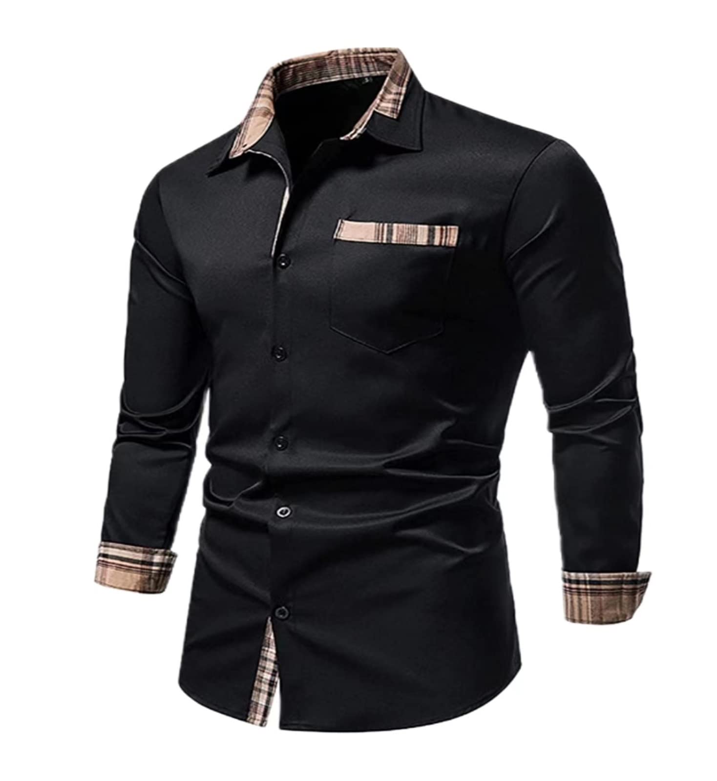 WEITING Chemises Homme Décontractées Manches Homme Chemise Coutures À Carreaux Longues Boutonné Slim Fit Business Casual Respirant Créatif Shirt Chemise Manche Courte Homme (Color : Black, Size : M)