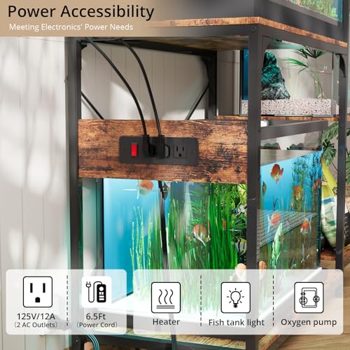 Image of VOWNER 20-29 Gallon Fish Tank Stand with Power Outlet, Wood Aquarium Stand with Shelves for Fish Tank Accessories Storage, Heavy Duty Metal Frame, Turtle Reptile Terrarium Stand, Load 500lb, Brown