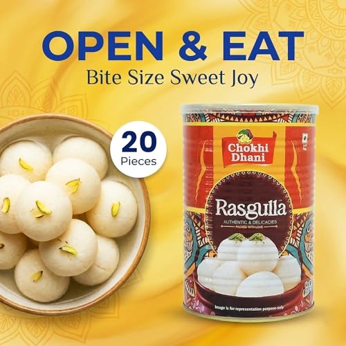 Image of Chokhi Dhani Rasgulla 1.25kg Tin (20 Pcs) Big Size | Soft & Spongy Bengali Rasgulla | Ready to Eat Indian Sweet | Sugar Syrup Dessert | Traditional Mithai