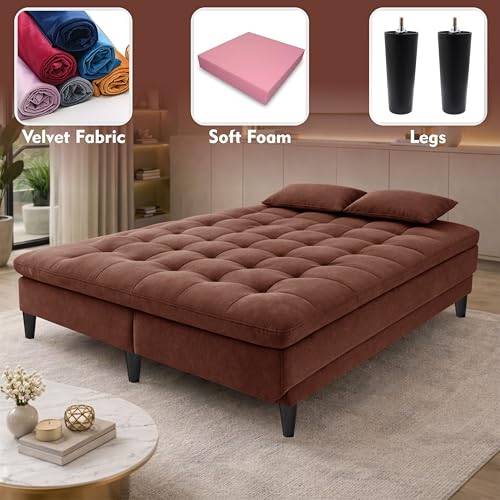 Image of Modern 3 Seater Sofa Cum Bed | Tufted Backrest | Velevt Fabric Upholstery | Living Room Furniture-Brown