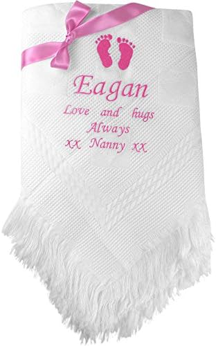 Personalised Gift Message White Baby Shawl Blanket (Blue Embroidery)
