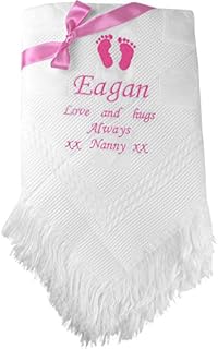 Personalised Gift Message White Baby Shawl Blanket (Blue Embroidery)