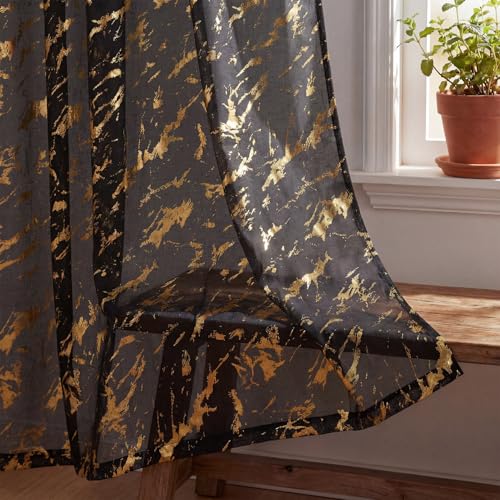 Horaldaily Marble Black Sheer Curtains 63 inches Long, Rod Pocket Gold Foil Print Metallic, Light Filtering Semi Sheer Drapes for Bedroom Living Room, 52" W x 63" L, Set of 2 Curtain Panels