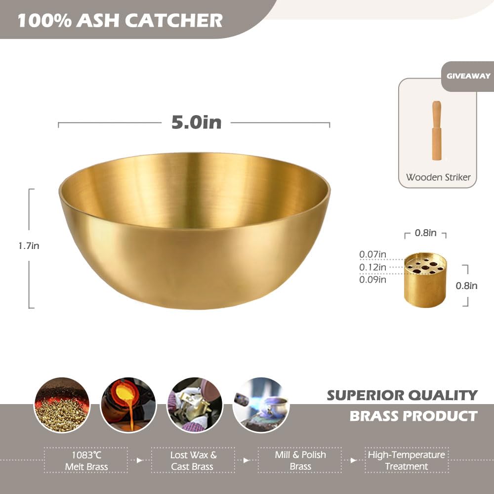 Brass Incense Holder 5 Inch, Incense Burner Holder for Sticks/Cones, Copper Smudge Bowl, 9 Incense Holes, Ash Catcher for Altar, Meditation, Yoga (Gold & Yellow)