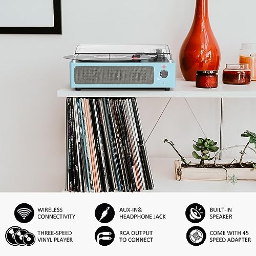Image of Vinyl Record Player with Speakers New Sleek Sky Blue Turntable Wireless Receiver Bluetooth Playback 3 Speed 3 Size AUX-in RCA Line Auto Stop All-in-one LP Phonograph for Beginner Classic Blue