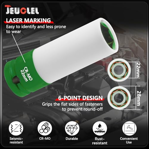Image of 22mm 1 /2 inchDrive Wheel Protector Impact Socket, Lug Nut Impact Socket | 6 Point, Non-Marring, Thin Wall, Deep Socket, Wheel Protector, Protective Socket, Color-Coded, Cr-Mo Steel, Hand Repair Tool