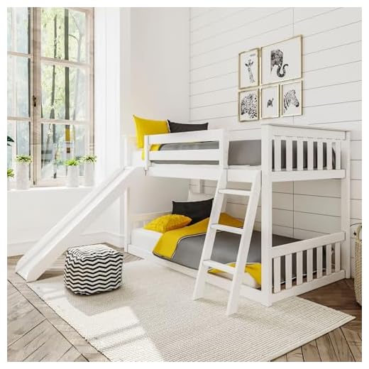 Max & Lily Low Bunk Bed, Twin-Over-Twin Wood Bed Frame For Kids With Slide, White