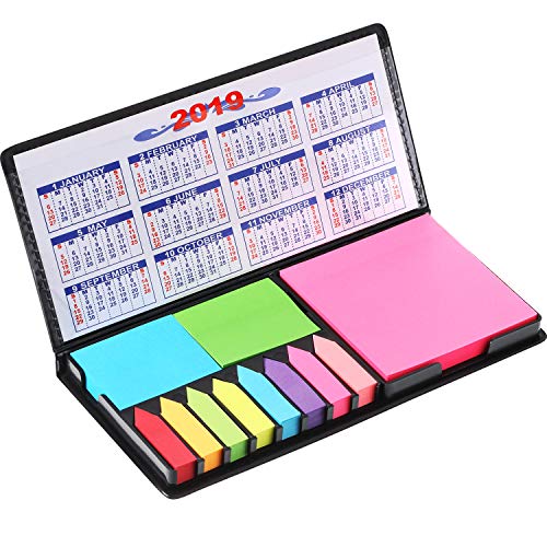 TecUnite Sticky Notes and Index Flags Bundle Set, 3 Sets Rectangular Notes and 8 Sets Index Arrow Flags Leather Look Design Holder with 2019 - 2020 Year Calendar, Gifts for Students and Teachers
