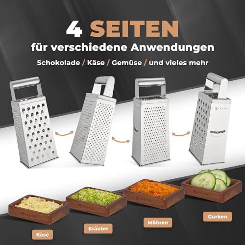 Foto von SKESH® Premium Käsereibe Edelstahl (24,5x10,5cm) mit Holzschale – Rutschfeste Vierkantreibe für Parmesan, Käse & Gemüse, Spülmaschinenfest, Messerscharf ohne Plastik