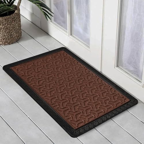 Image of Yellow Weaves 2 Pcs Door Mat for Home Entrance, Outdoor Rubber Mat - Non-Slip, Anti Skid Foot Mat, Dirt Trapper, Heavy-Duty, Weather-Resistant, Waterproof Doormat (40x60cms, Geometric, Brown Color)